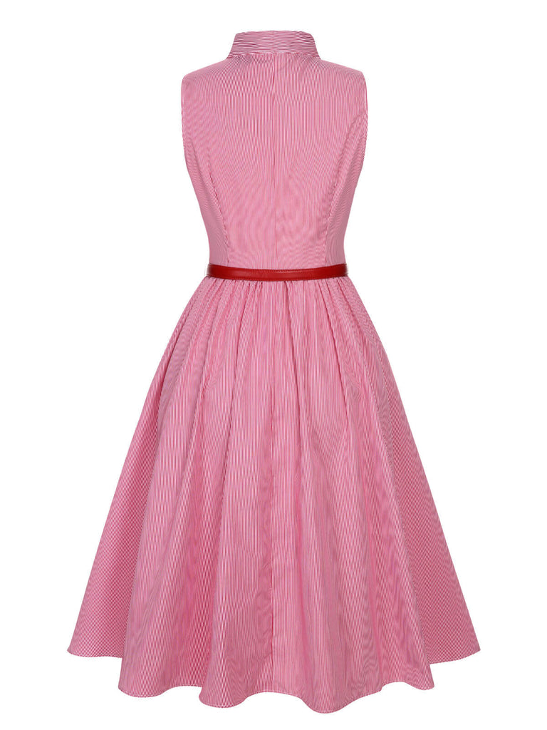 Abito a righe sottili colletto annodato rosa anni '50