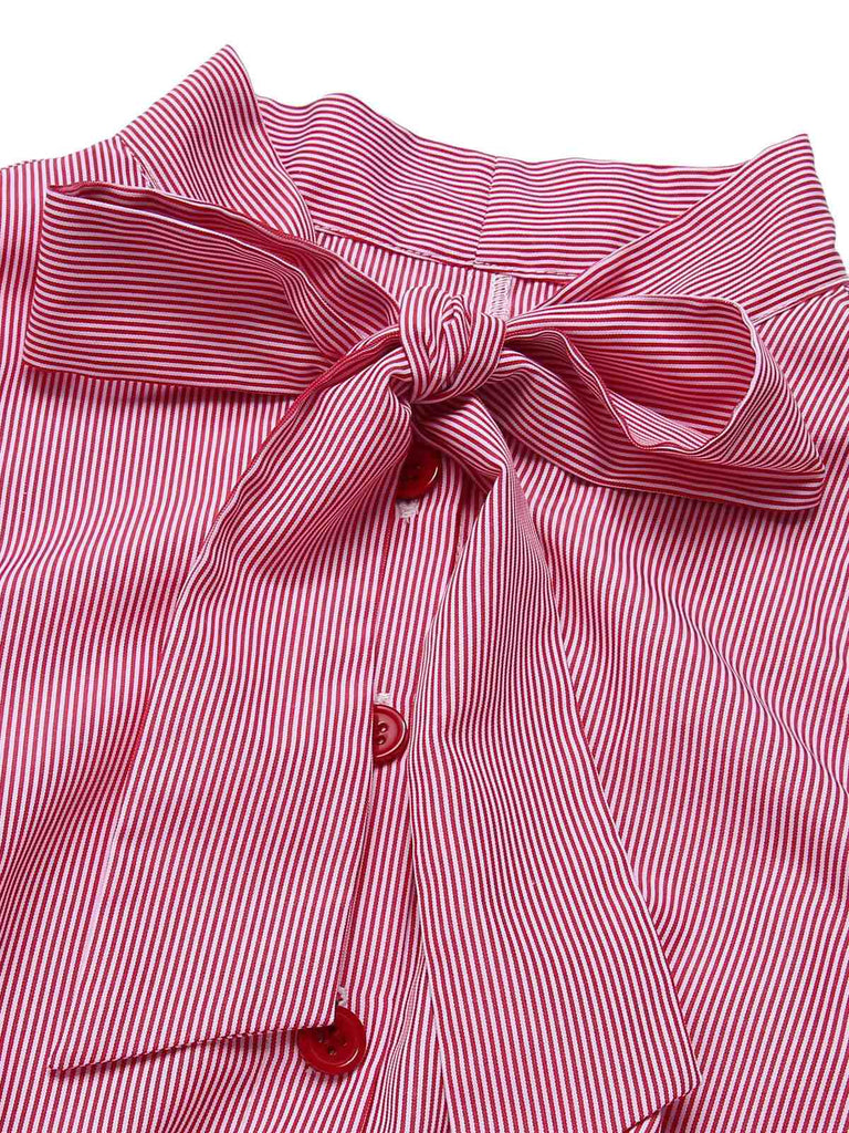 Abito a righe sottili colletto annodato rosa anni '50