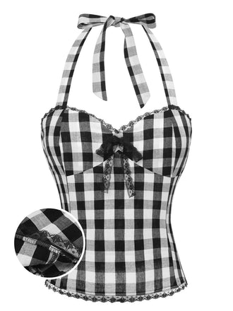 Top con plaid fiocco in pizzo scollo all'americana nero anni '50