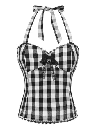 Top con plaid fiocco in pizzo scollo all'americana nero anni '50