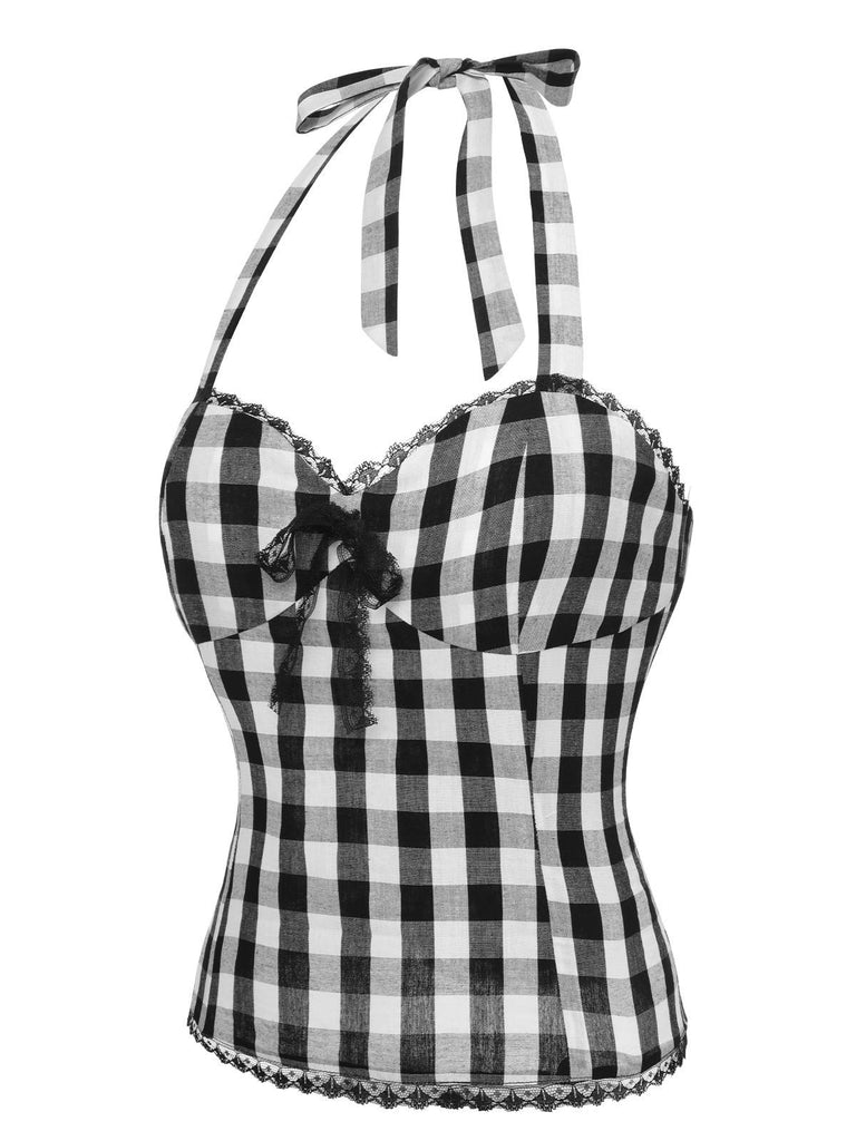 Top con plaid fiocco in pizzo scollo all'americana nero anni '50