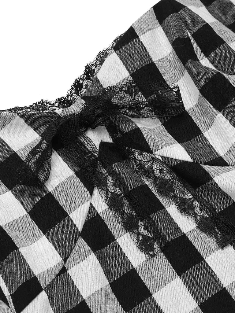 Top con plaid fiocco in pizzo scollo all'americana nero anni '50