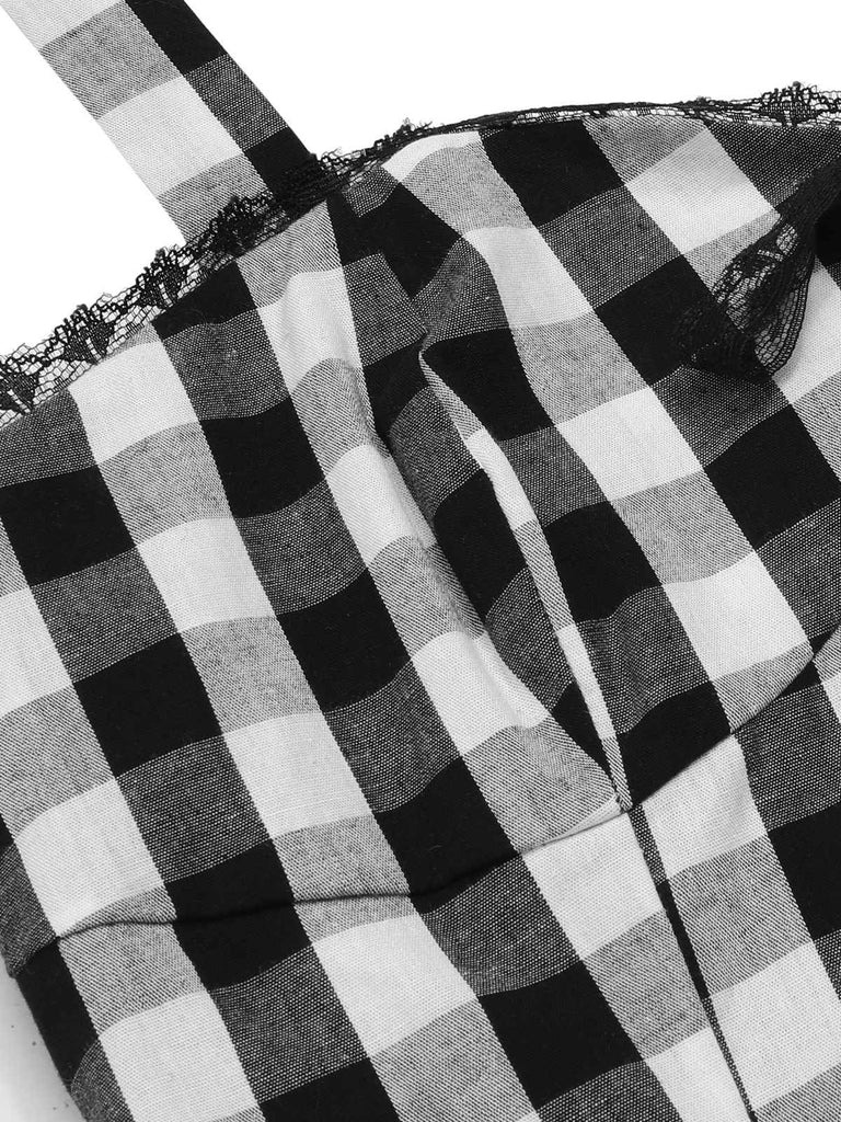 Top con plaid fiocco in pizzo scollo all'americana nero anni '50