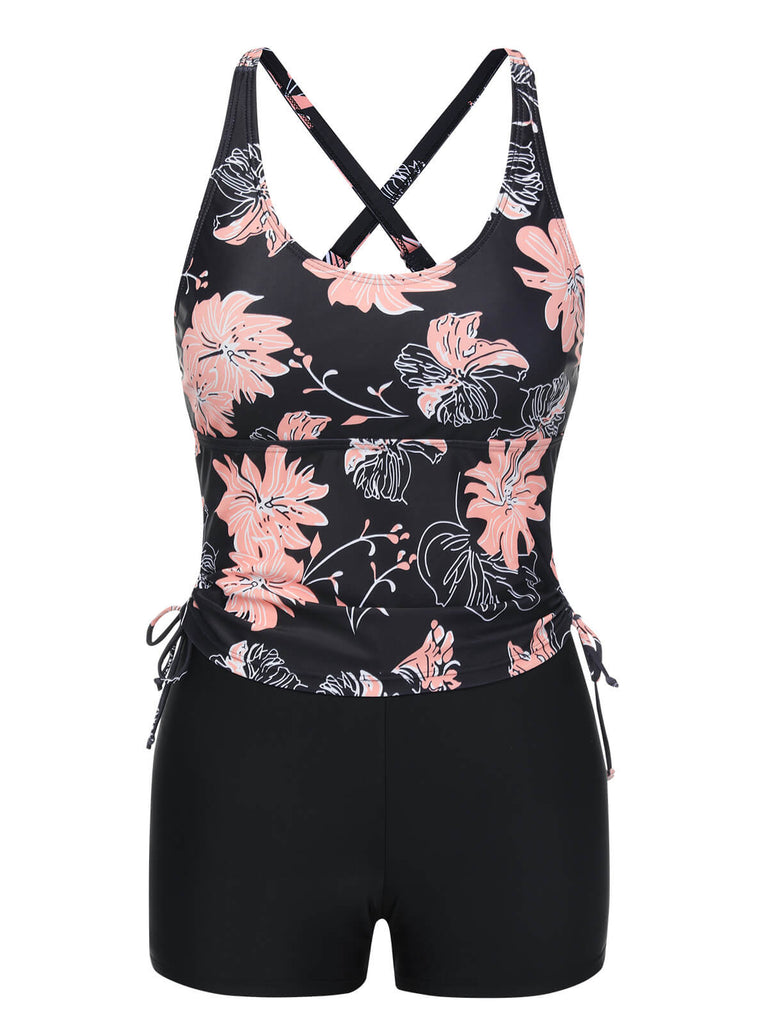 Set tankini con stampa floreale e lacci rosa anni '30