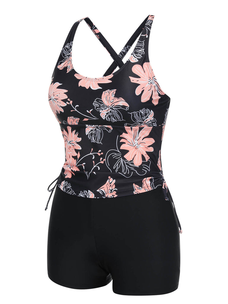Set tankini con stampa floreale e lacci rosa anni '30