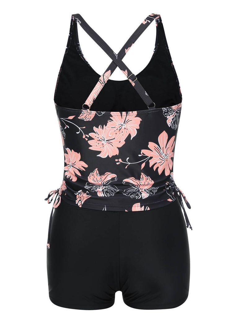 Set tankini con stampa floreale e lacci rosa anni '30