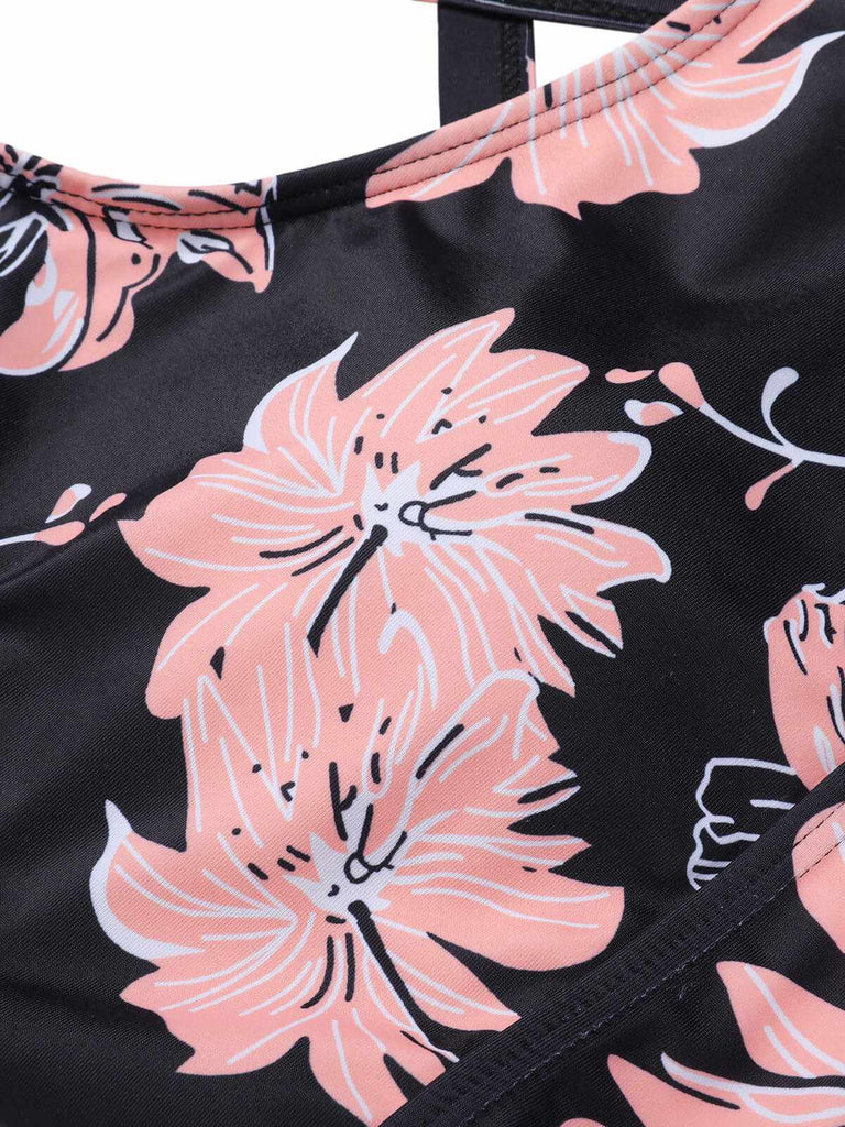 Set tankini con stampa floreale e lacci rosa anni '30