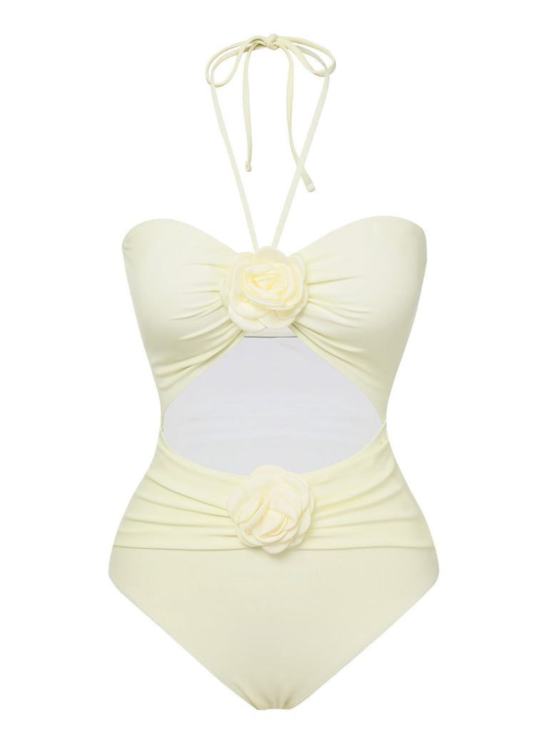 Costumi intero fiori 3D scollo all'americana beige anni '30