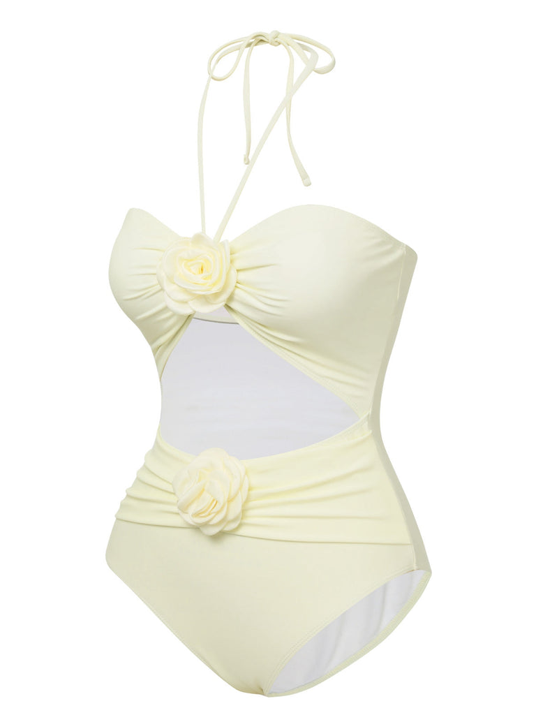 Costumi intero fiori 3D scollo all'americana beige anni '30
