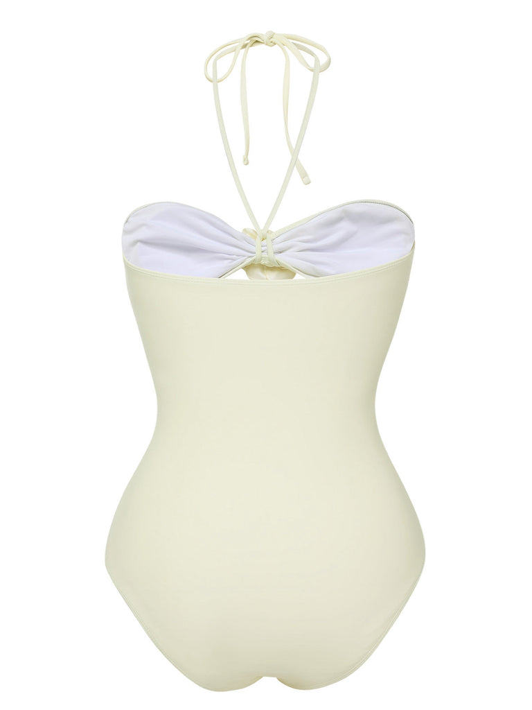 Costumi intero fiori 3D scollo all'americana beige anni '30