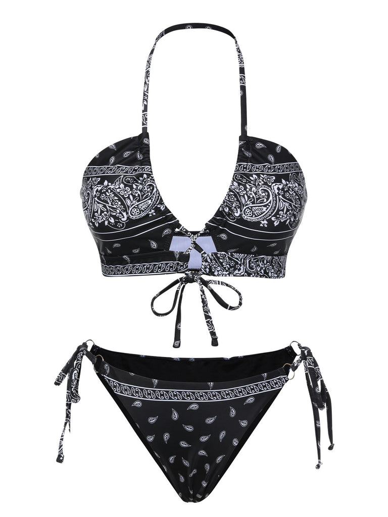 Set bikini fiori di anacardi con lacci nero anni '30