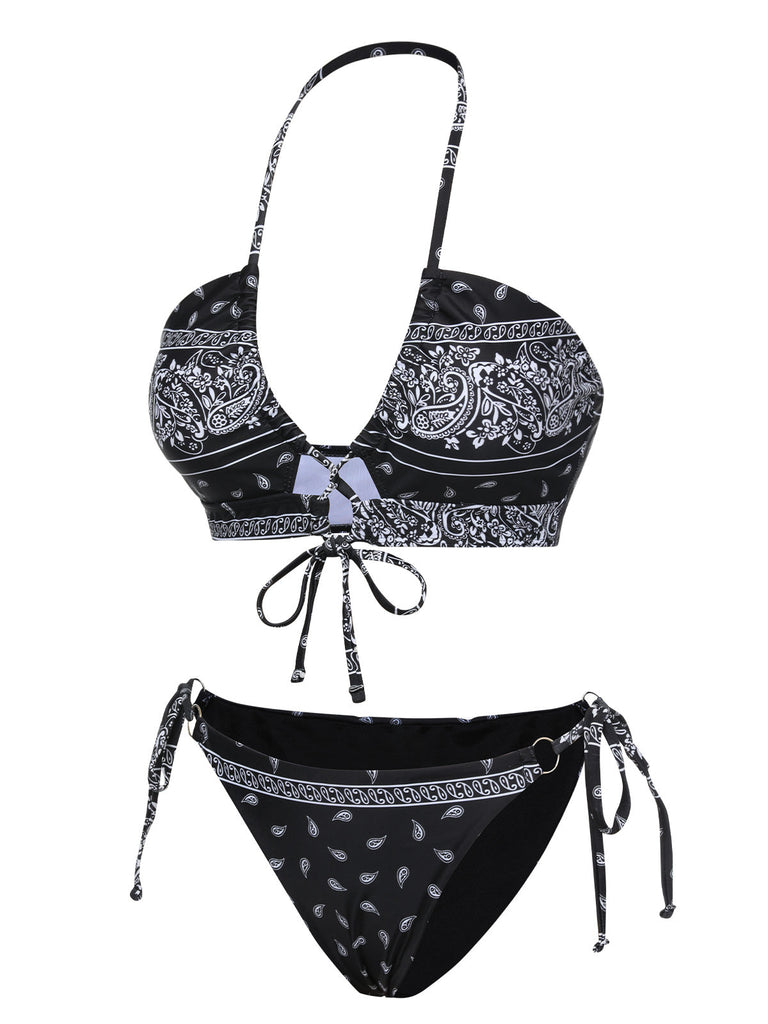 Set bikini fiori di anacardi con lacci nero anni '30