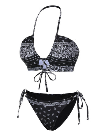Set bikini fiori di anacardi con lacci nero anni '30