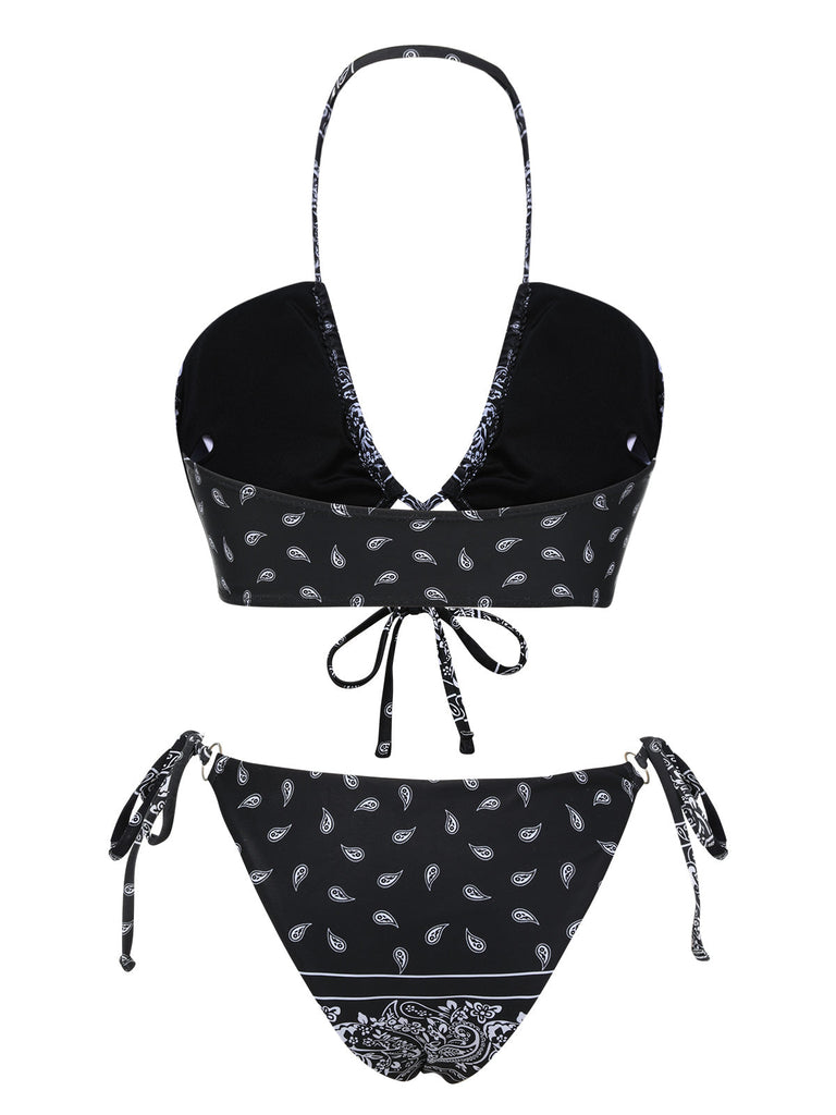 Set bikini fiori di anacardi con lacci nero anni '30