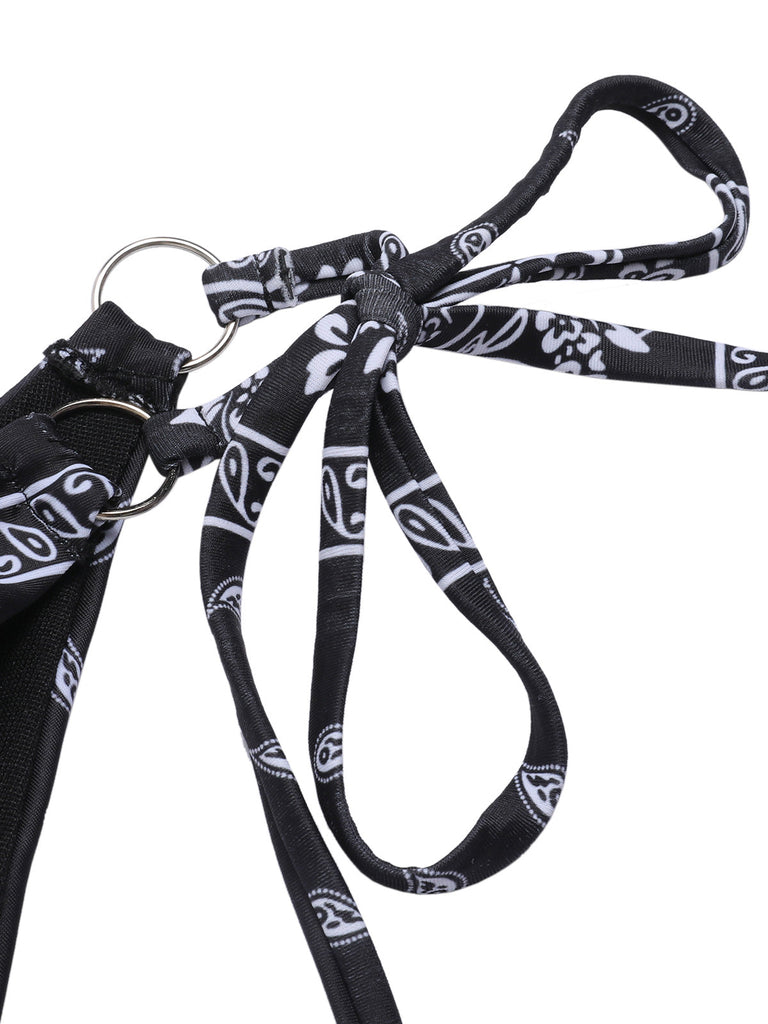 Set bikini fiori di anacardi con lacci nero anni '30