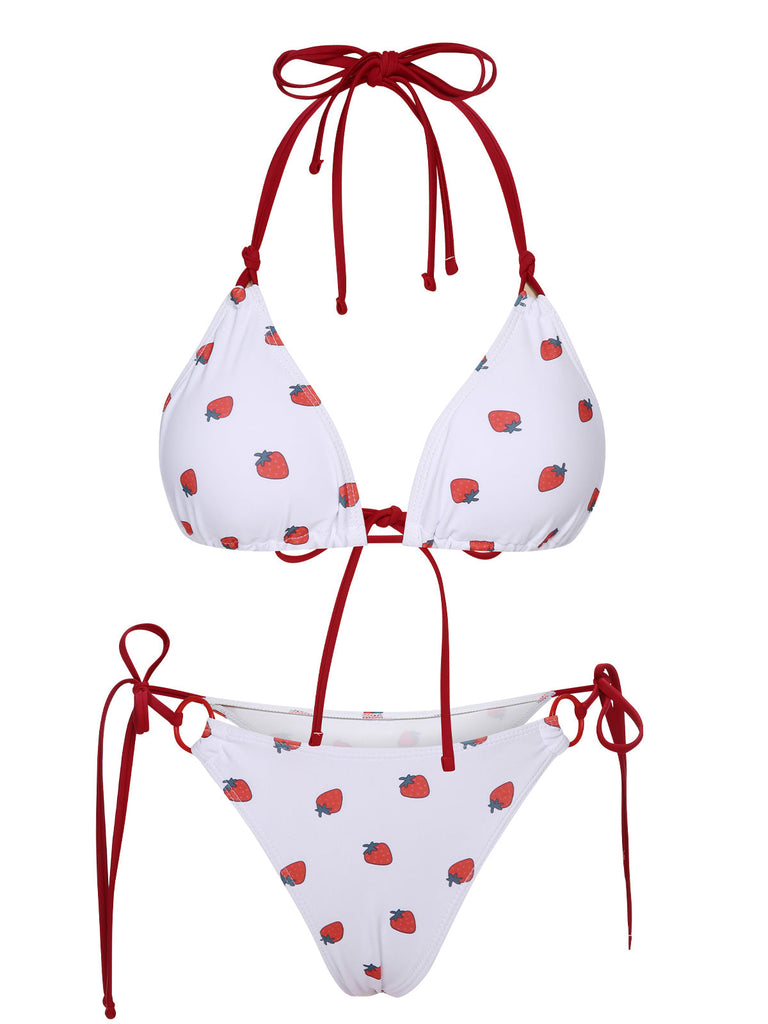 Set bikini a fragola lacci scollo all'americana bianco anni '60
