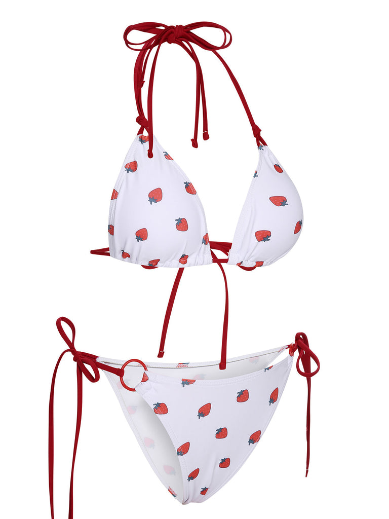 Set bikini a fragola lacci scollo all'americana bianco anni '60