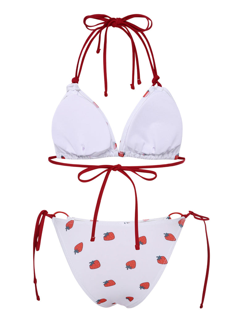 Set bikini a fragola lacci scollo all'americana bianco anni '60