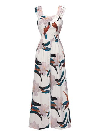 Tuta lunga floreale con scollo quadrato bianco anni '60