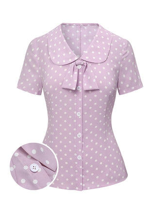 Camicetta con revers a pois color lavanda anni '40