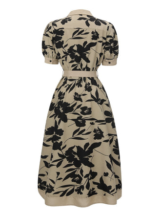 Abito stampa floreale colletto a camicia beige anni '40