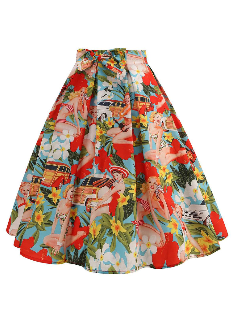 Gonna a ruota con dipinto vintage multicolore anni '50