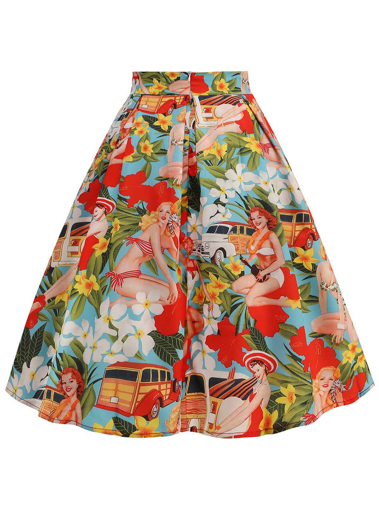 Gonna a ruota con dipinto vintage multicolore anni '50