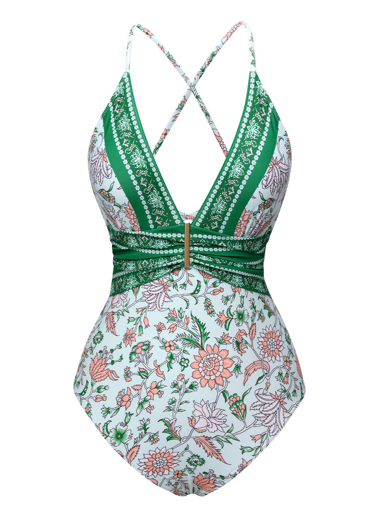 Costumi intero floreale con spalline sottili verde anni '50