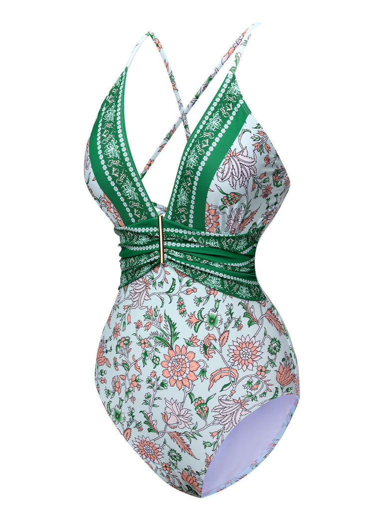 Costumi intero floreale con spalline sottili verde anni '50