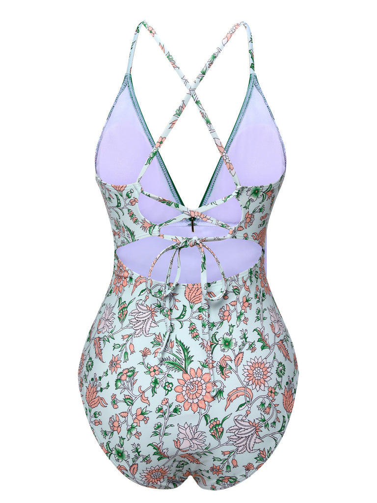 Costumi intero floreale con spalline sottili verde anni '50