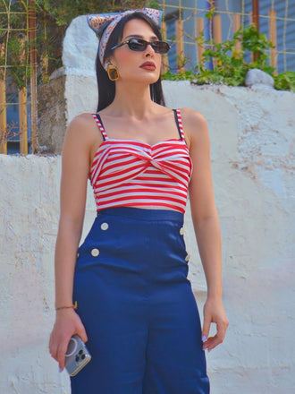 Tuta lunga a righe con spalline sottili blu scuro anni '30