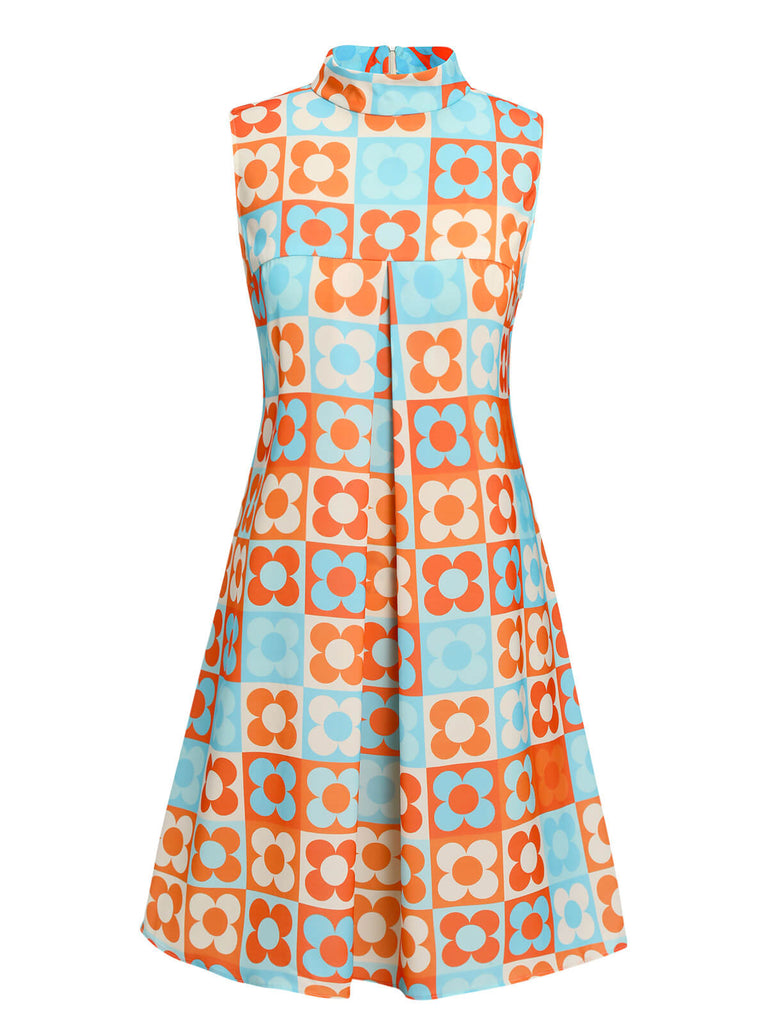 Abito colletto alto floreale arancione blu anni '60