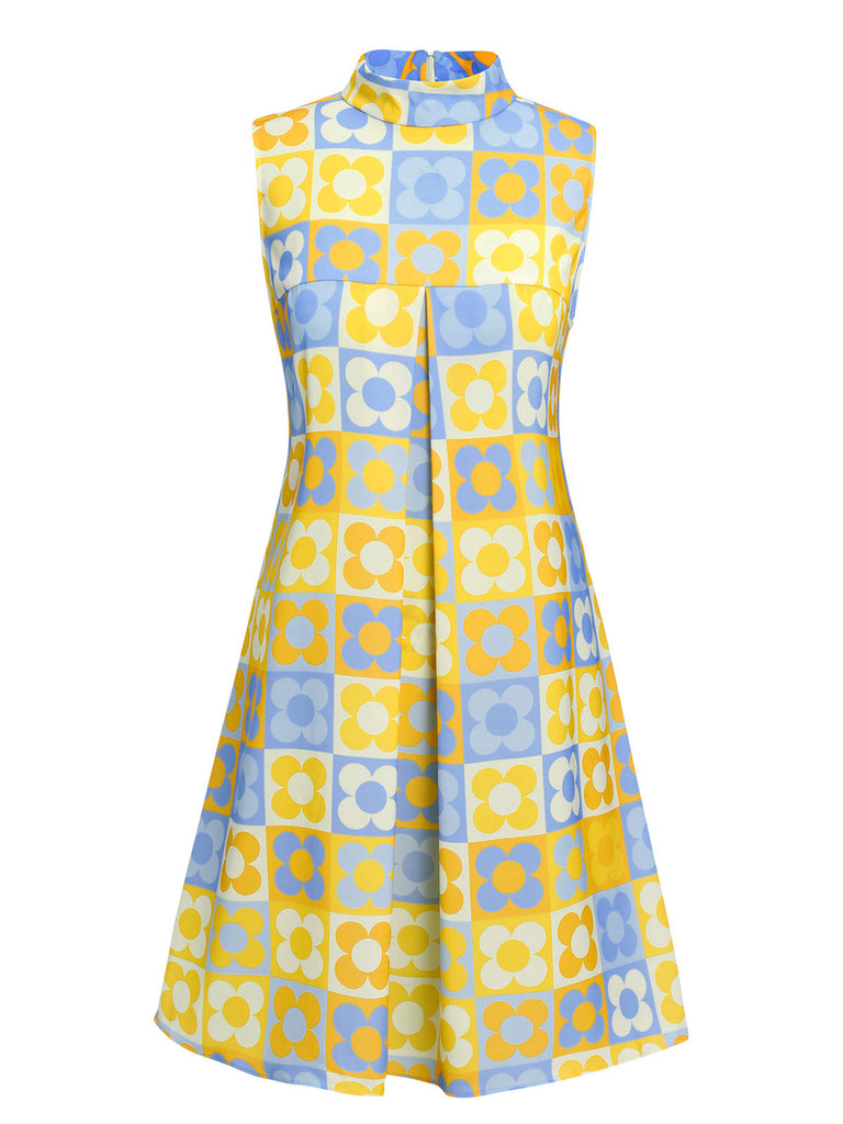Abito colletto alto floreale giallo blu anni '60