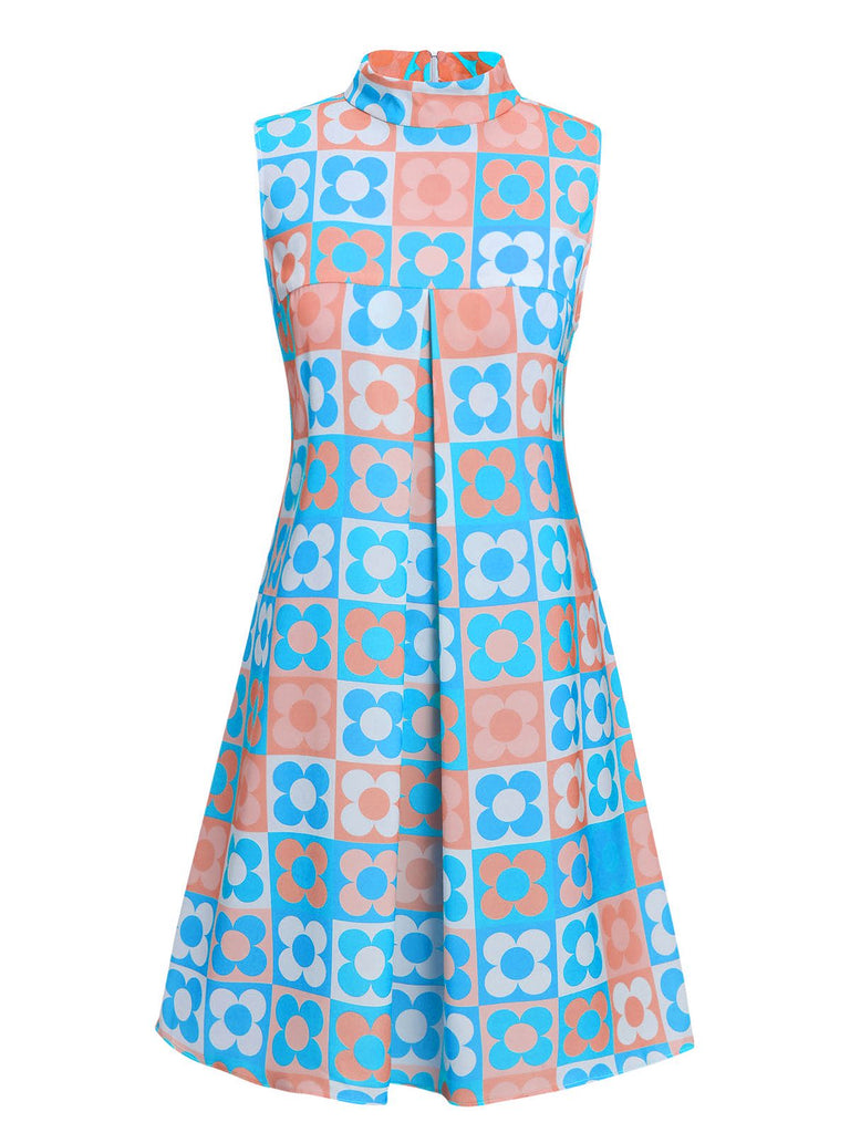 Abito colletto alto floreale giallo blu anni '60