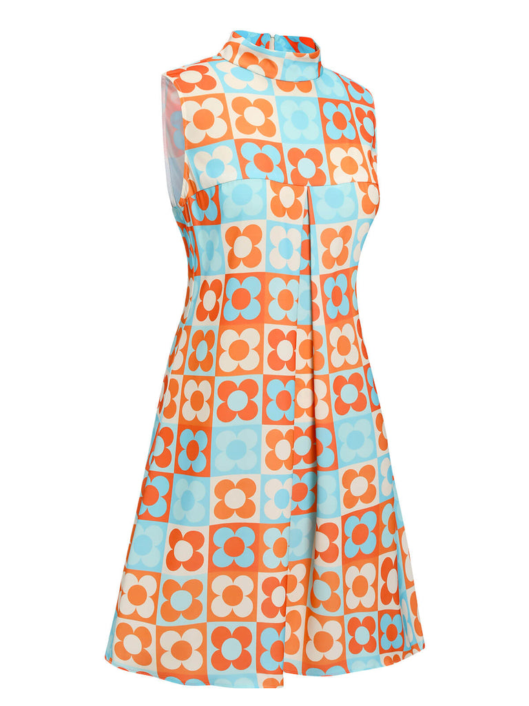 Abito colletto alto floreale arancione blu anni '60