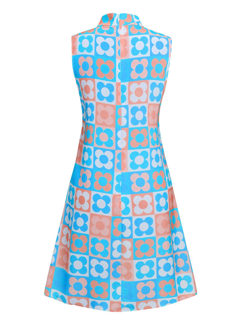 Abito colletto alto floreale arancione blu anni '60