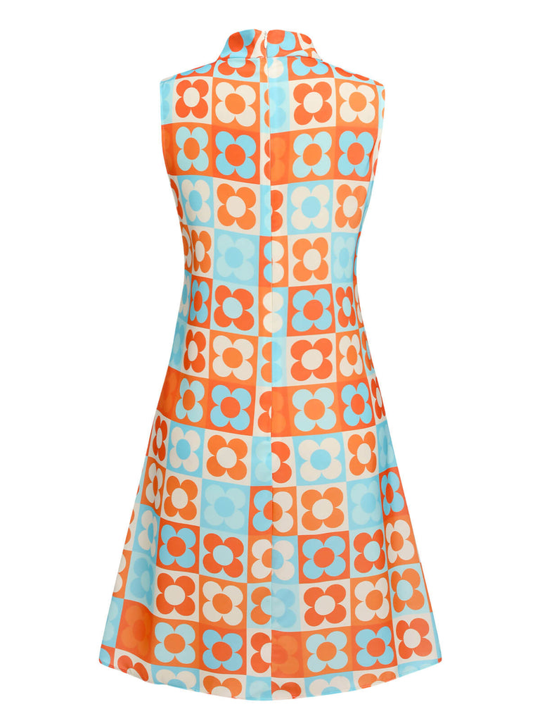 Abito colletto alto floreale arancione blu anni '60
