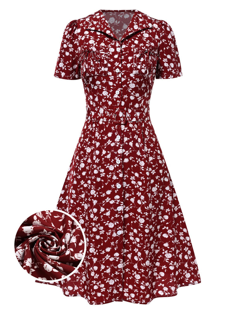 Abito floreale a risvolto bottoni rosso anni '40