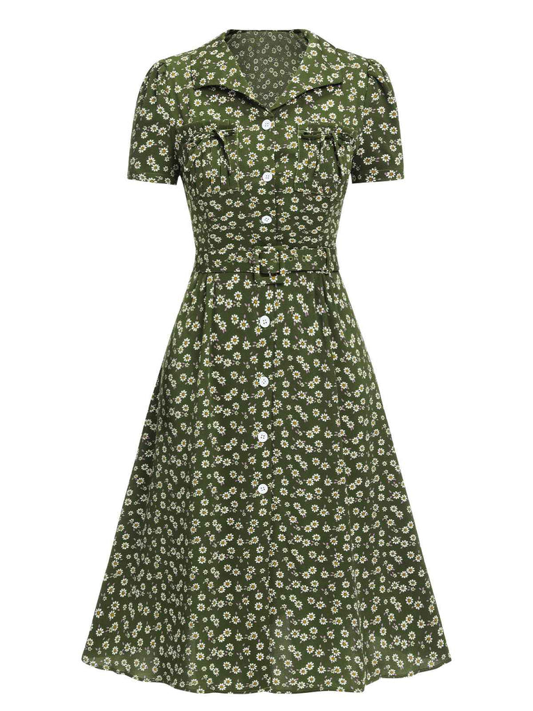 Abito bottoni a risvolto a fiori delicati verde anni '40