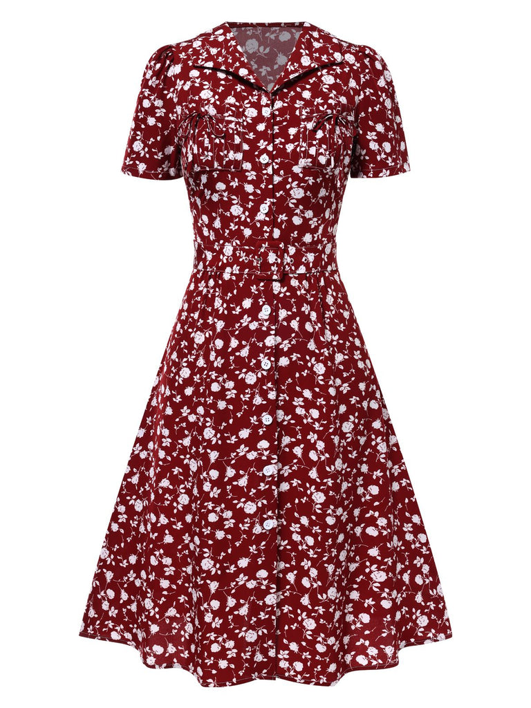 Abito floreale a risvolto bottoni rosso anni '40