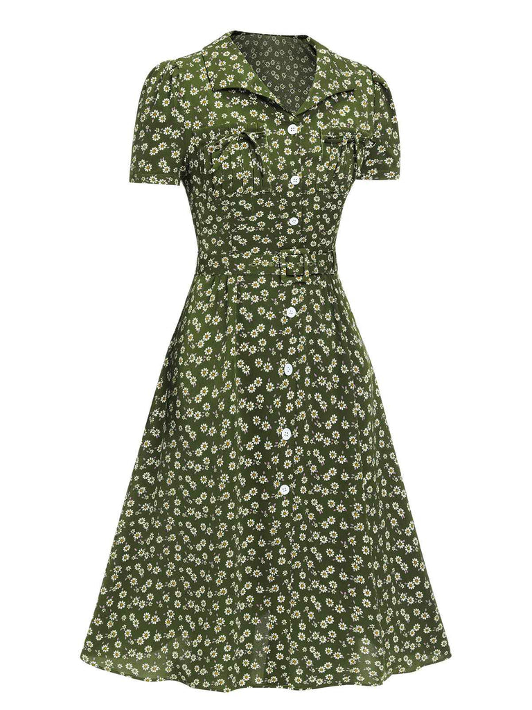 Abito bottoni a risvolto a fiori delicati verde anni '40