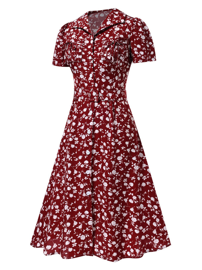 Abito floreale a risvolto bottoni rosso anni '40