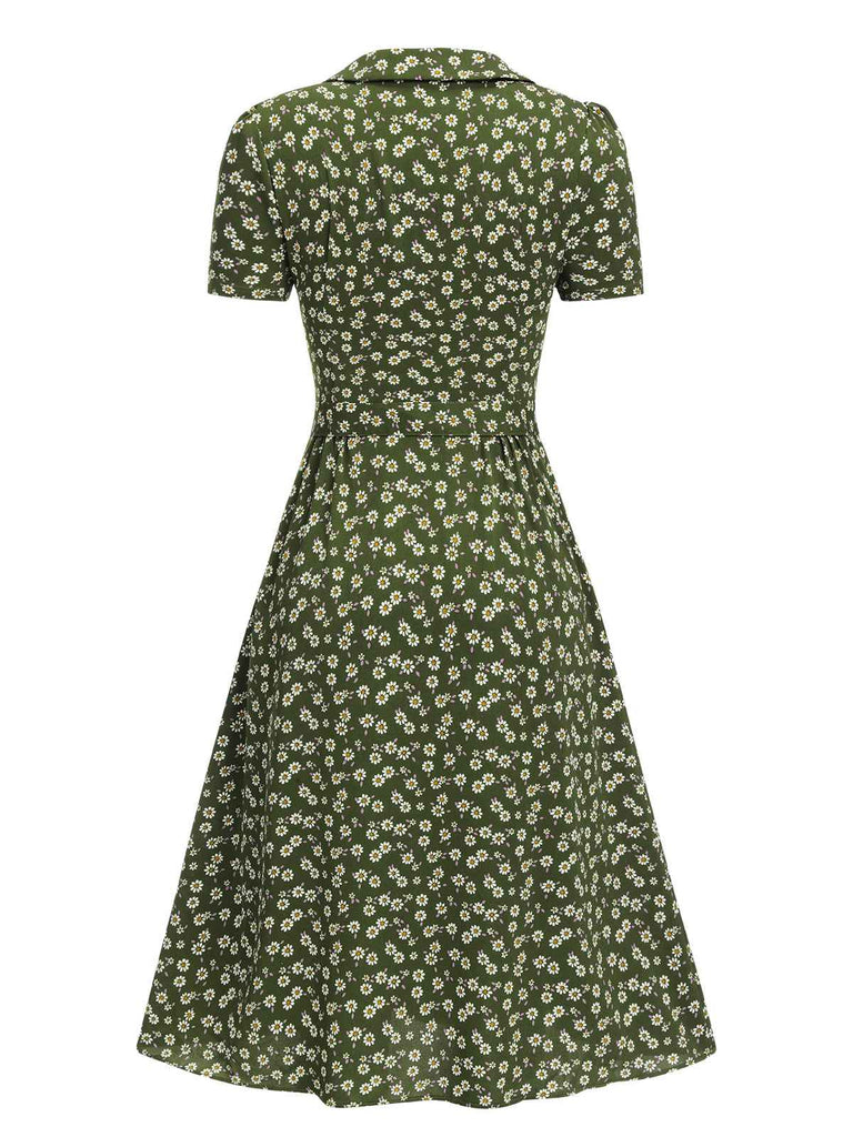 Abito bottoni a risvolto a fiori delicati verde anni '40