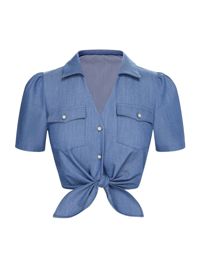 Camicetta con risvolto annodato in vita blu anni '50