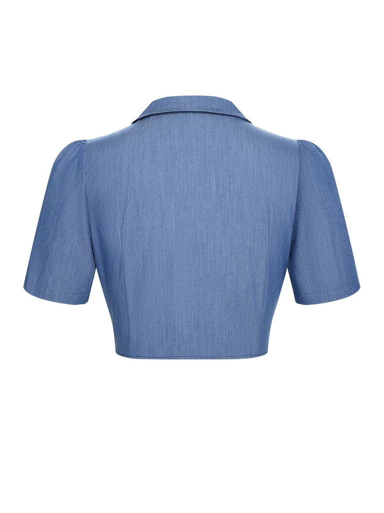 Camicetta con risvolto annodato in vita blu anni '50