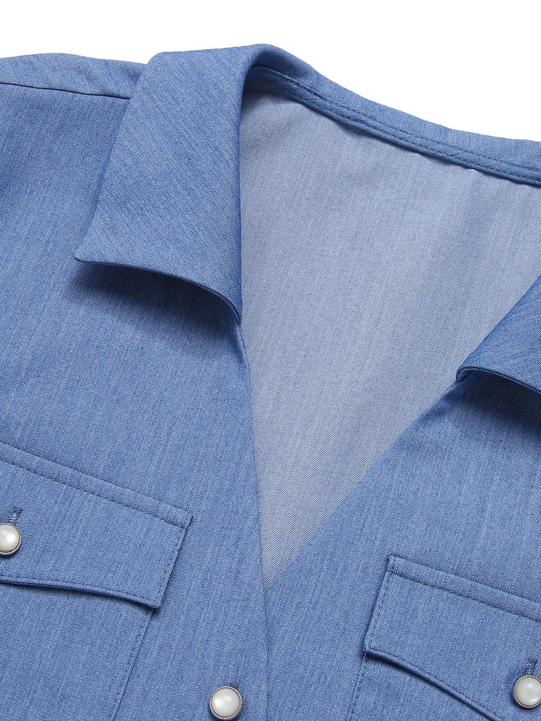 Camicetta con risvolto annodato in vita blu anni '50
