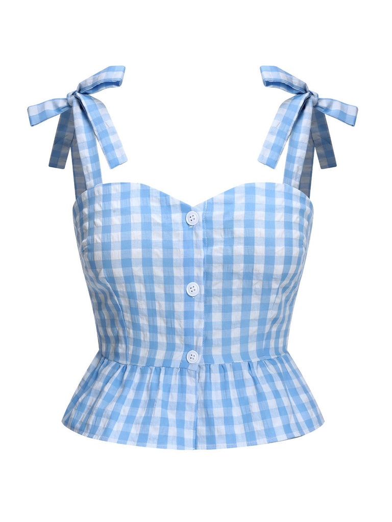 2PCS top volant e gonna fiocco scozzese blu anni '60