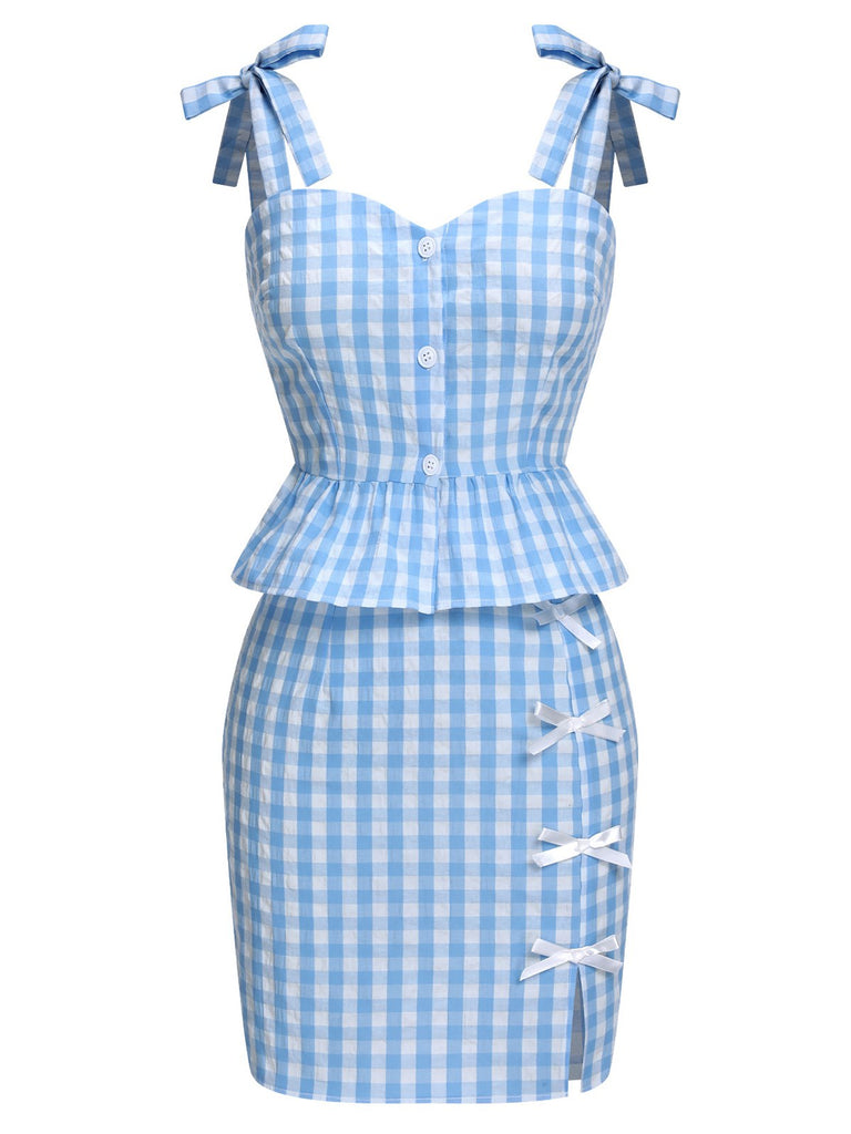 2PCS top volant e gonna fiocco scozzese blu anni '60