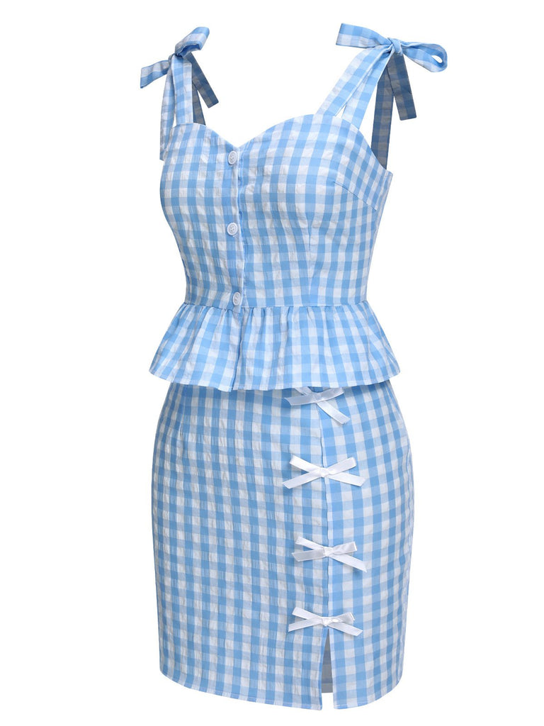 2PCS top volant e gonna fiocco scozzese blu anni '60