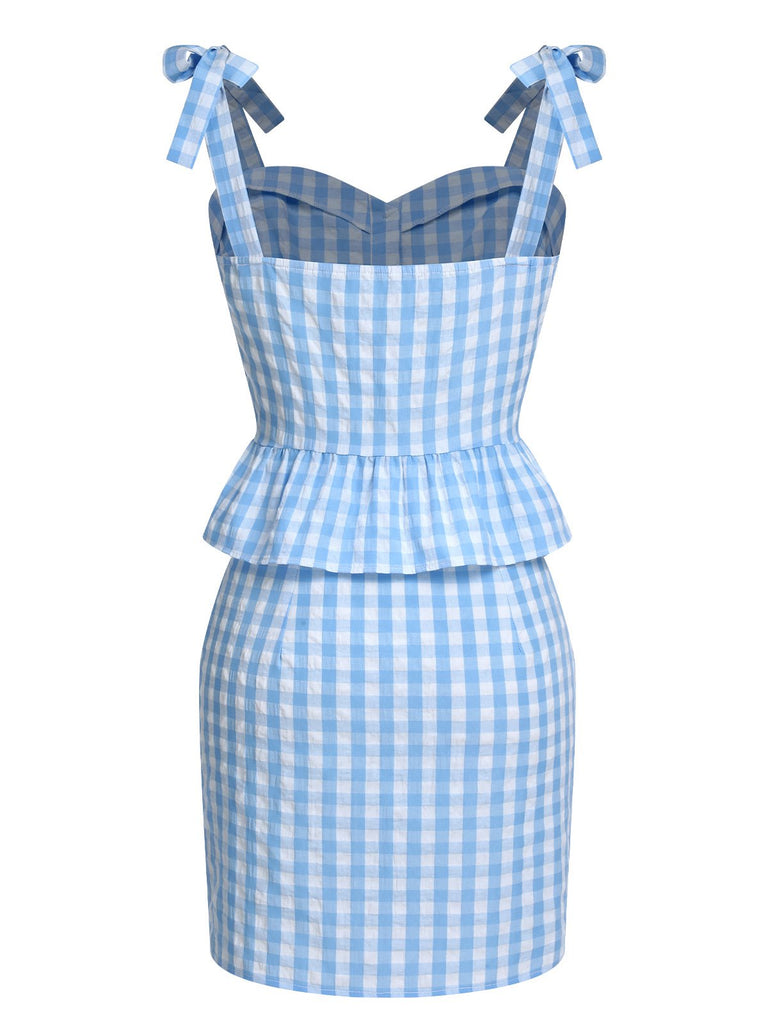 2PCS top volant e gonna fiocco scozzese blu anni '60